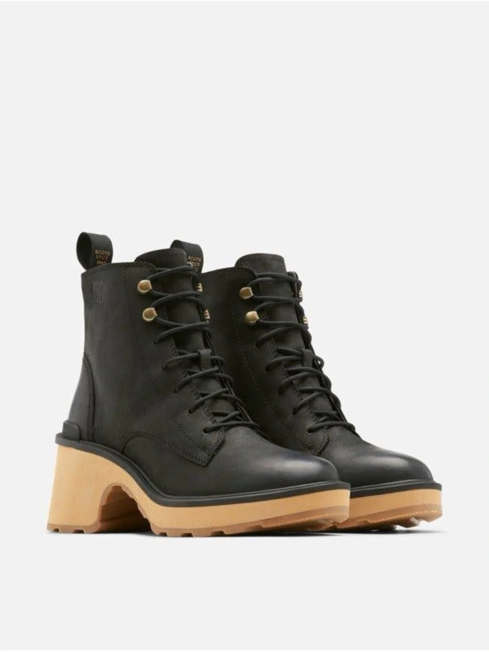 Sorel Black Leather Lace-Up Ankle Boots with Tan Lug Heel